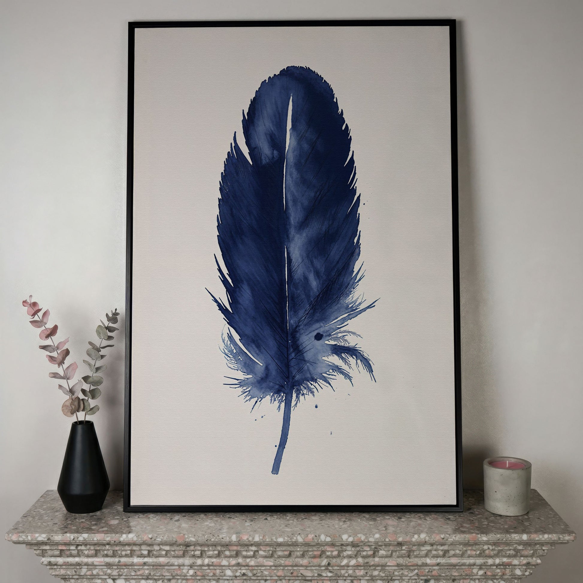 Indigo Feather Watercolor Canvas in black floating frame