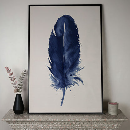 Indigo Feather Watercolor Canvas in black floating frame