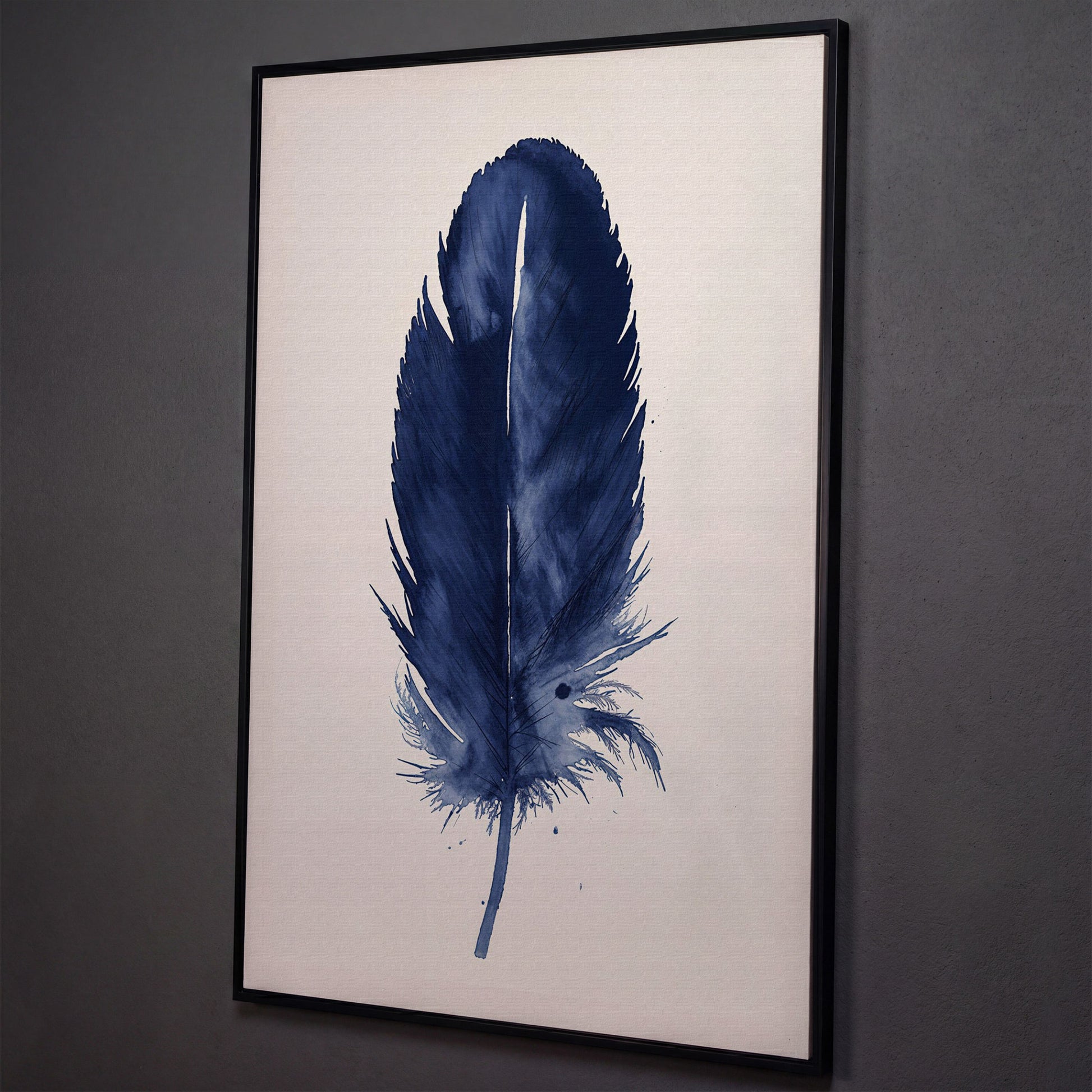Indigo Feather Watercolor Canvas shown in black floating frame