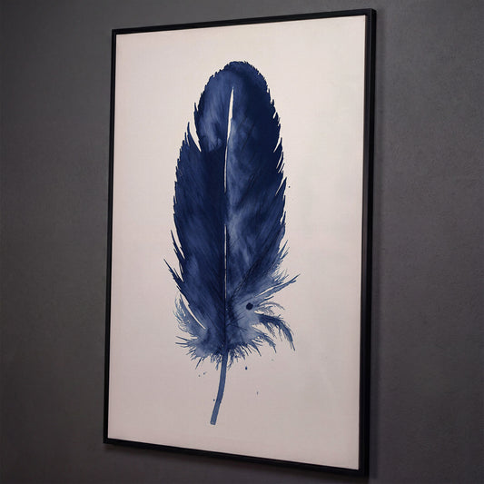 Indigo Feather Watercolor Canvas shown in black floating frame