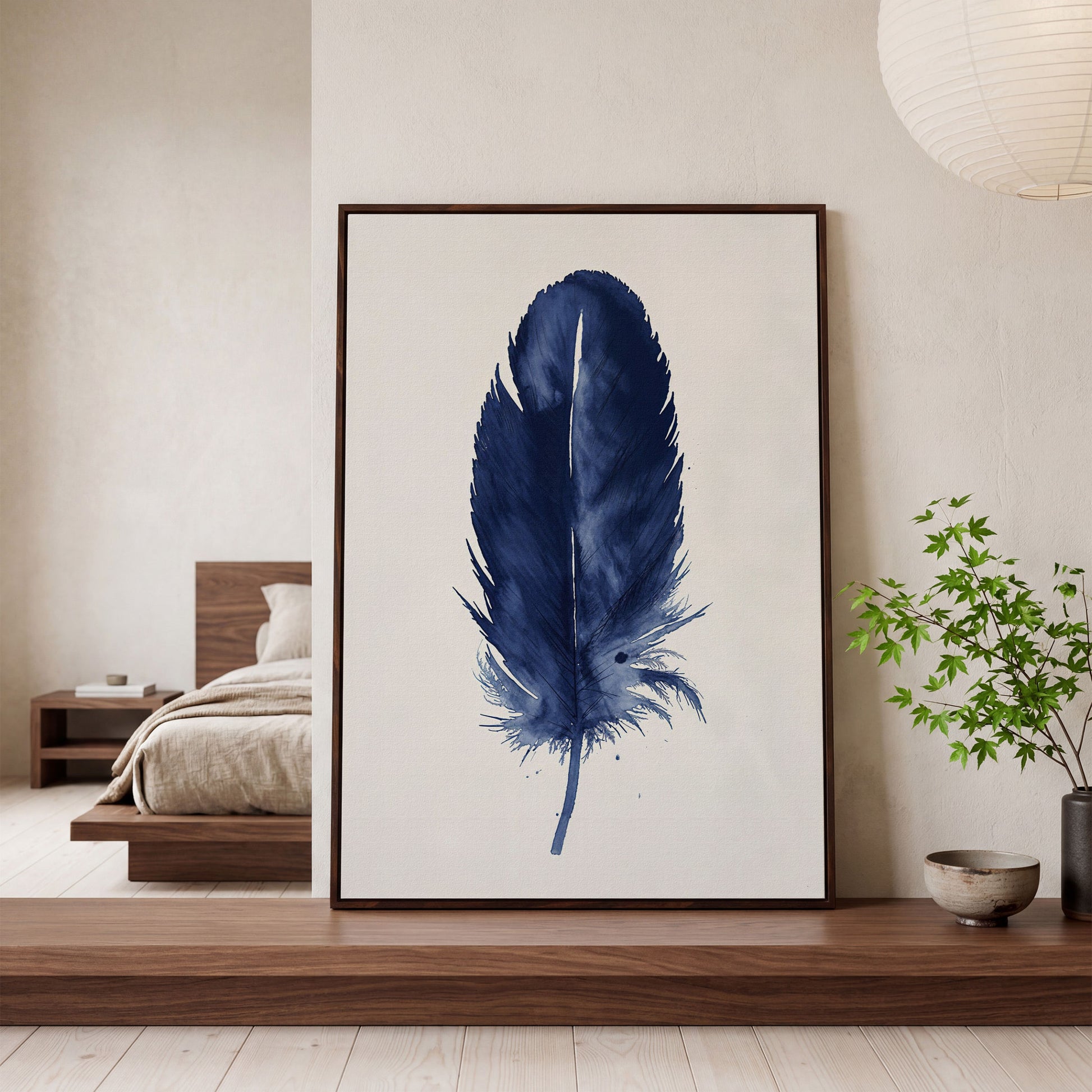 Indigo Feather Watercolor Canvas in dark walnut floating frame