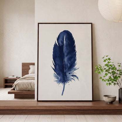 Indigo Feather Watercolor Canvas in dark walnut floating frame