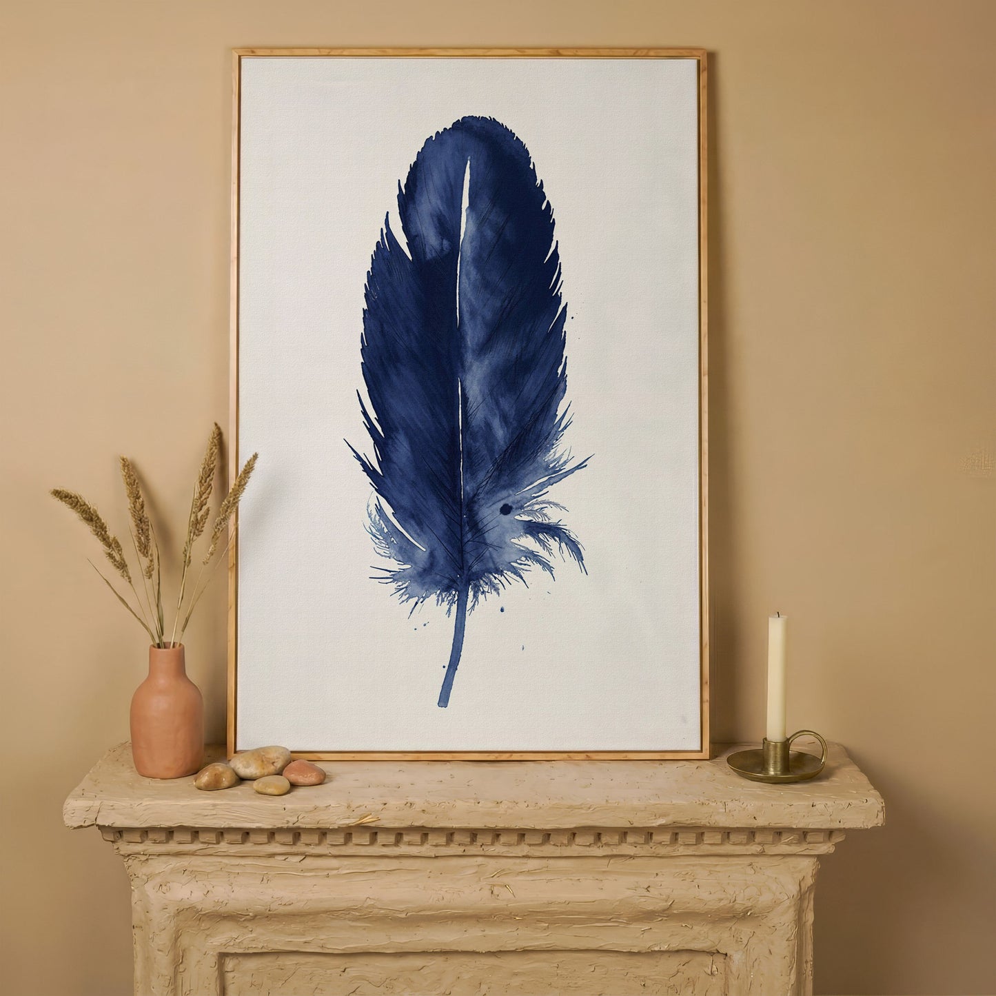 Indigo Feather Watercolor Canvas in white oak floating frame