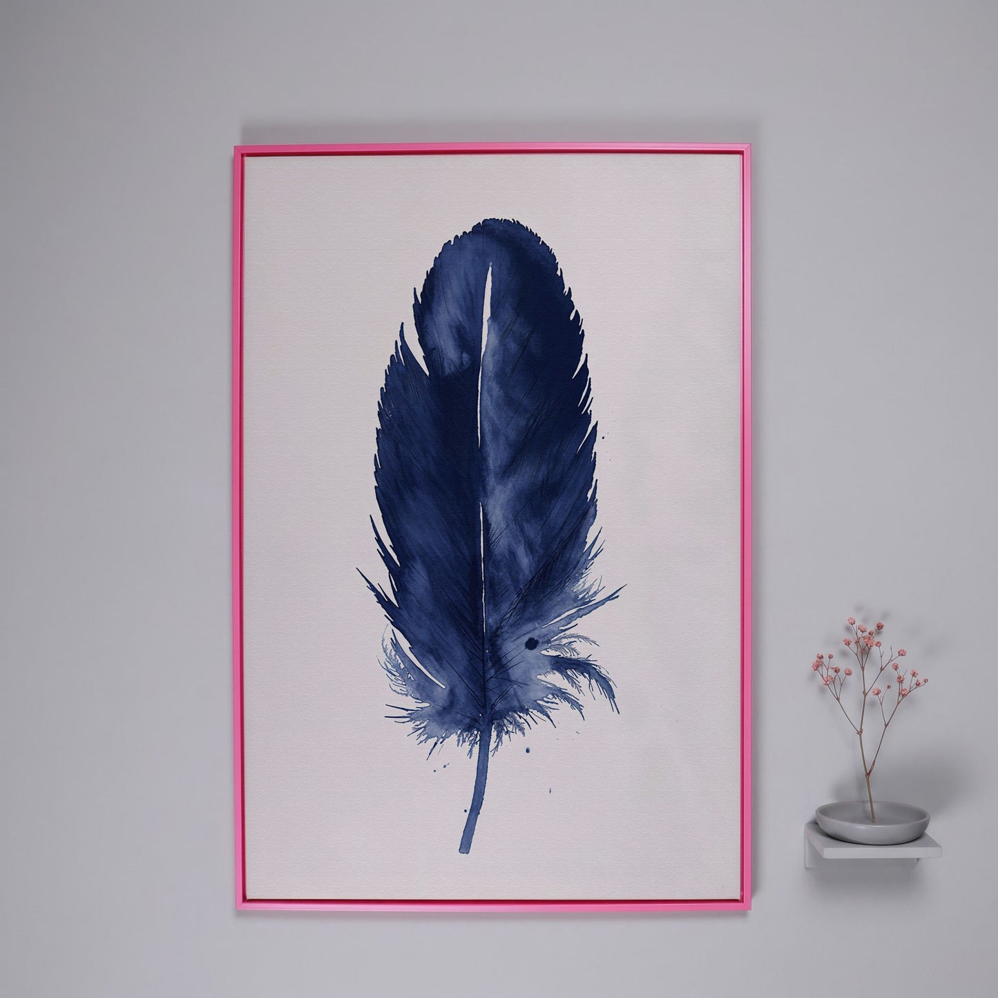 Indigo Feather Watercolor Canvas in pink floating frame