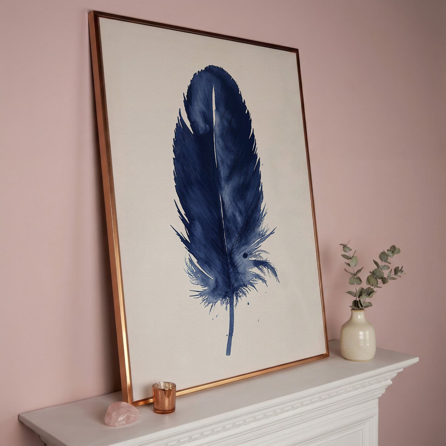 Indigo Feather Watercolor Canvas in rose gold floating frame
