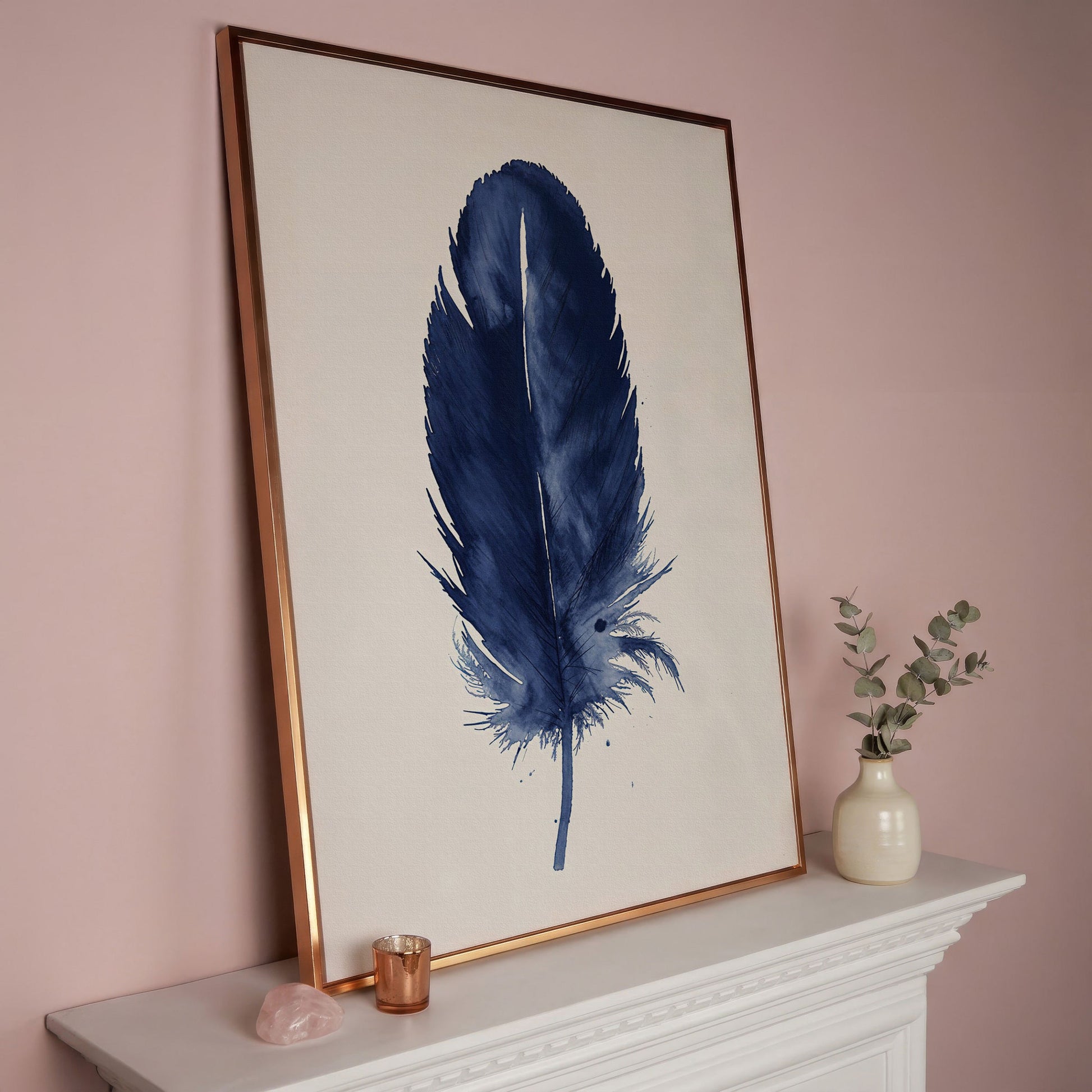 Indigo Feather Watercolor Canvas in rose gold floating frame