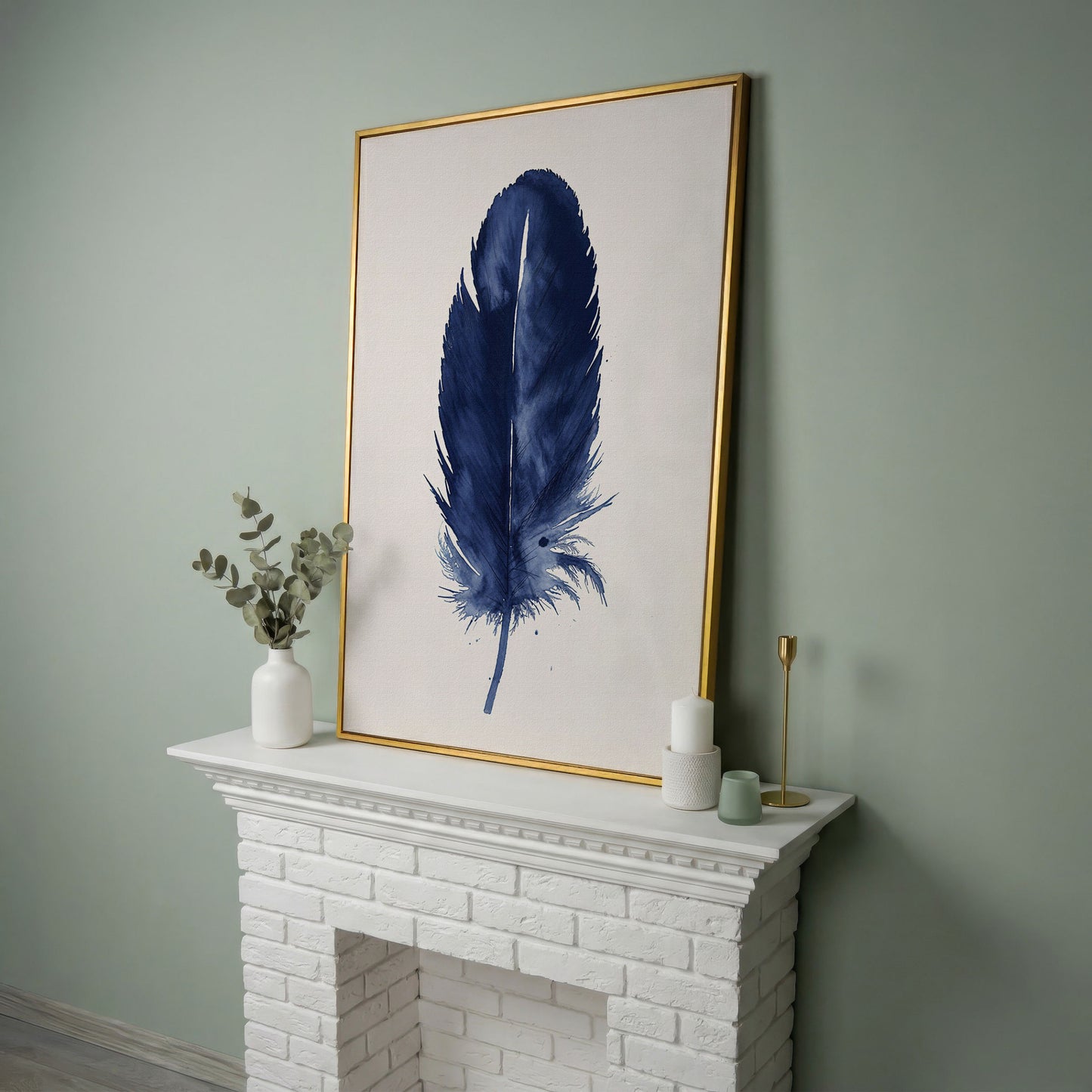 Indigo Feather Watercolor Canvas in yellow gold floating frame