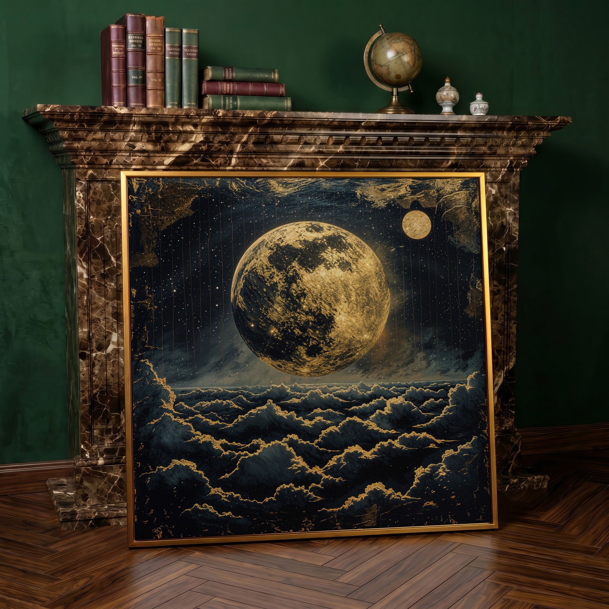 Full Moon Over the Clouds. Surreal Night Sky Canvas Wall Art in antique gold floating frame