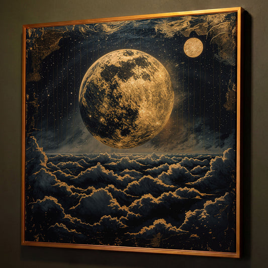 Full Moon Over the Clouds. Surreal Night Sky Canvas Wall Art shown in antique gold floating frame