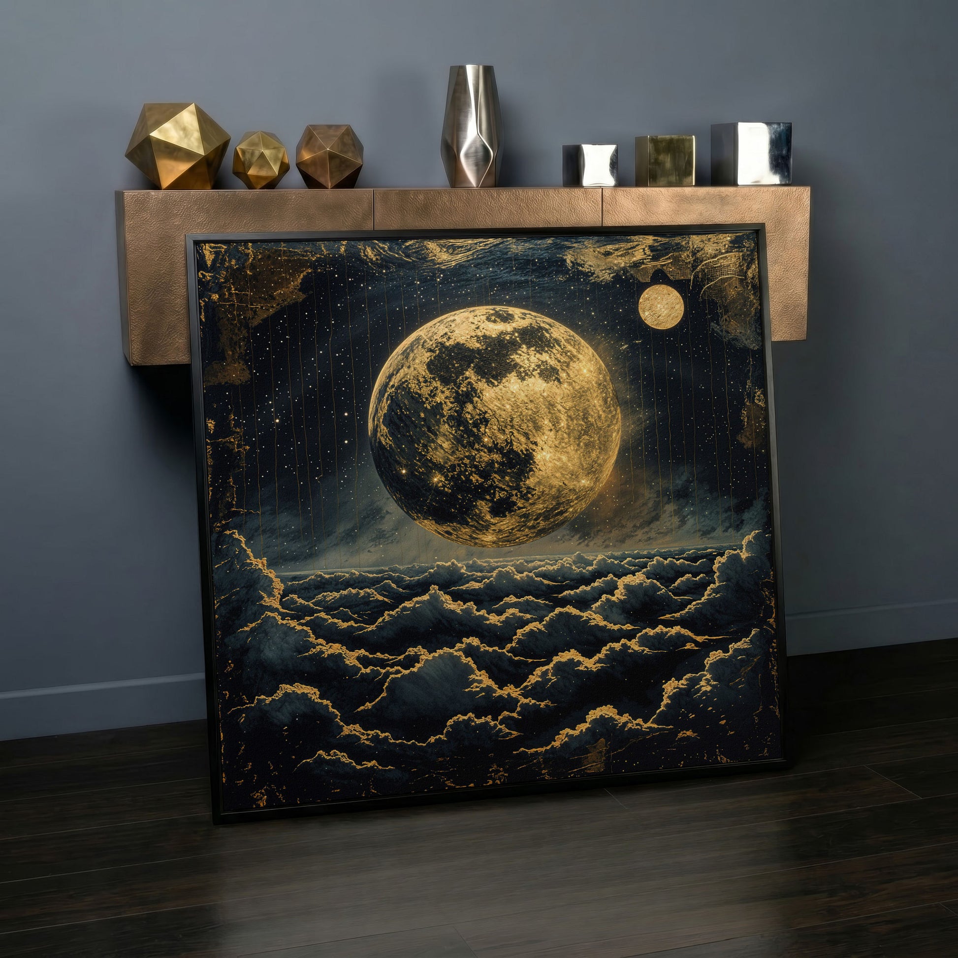 Full Moon Over the Clouds. Surreal Night Sky Canvas Wall Art in black floating frame