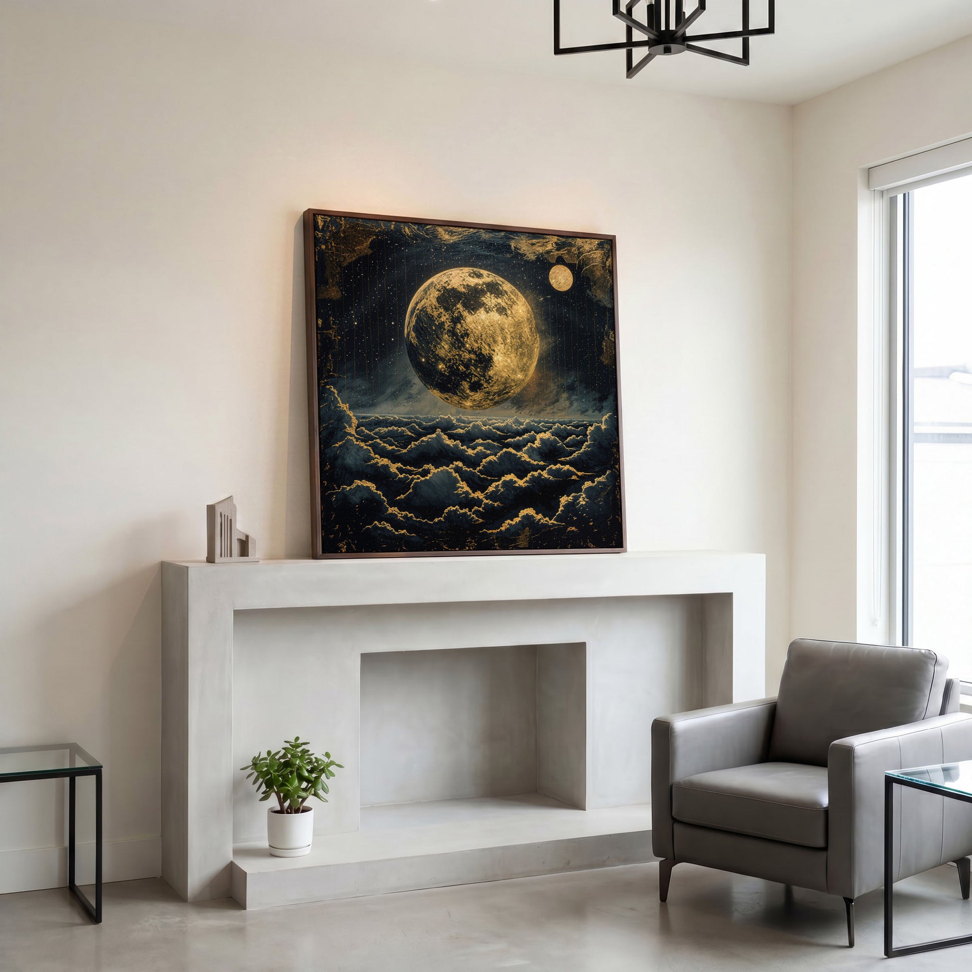 Full Moon Over the Clouds. Surreal Night Sky Canvas Wall Art in dark walnut floating frame