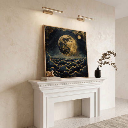Full Moon Over the Clouds. Surreal Night Sky Canvas Wall Art in white oak floating frame