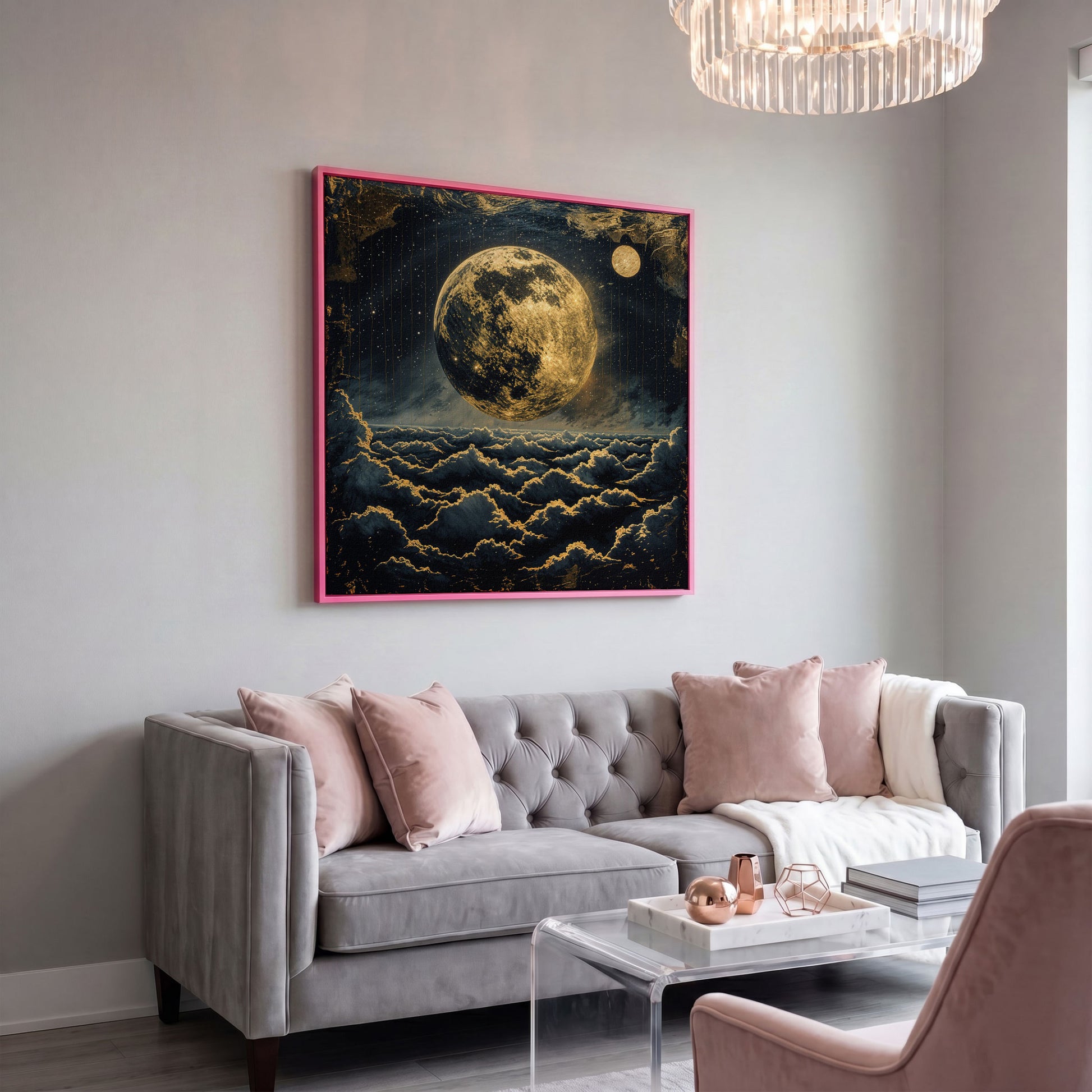 Full Moon Over the Clouds. Surreal Night Sky Canvas Wall Art in pink floating frame