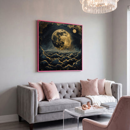 Full Moon Over the Clouds. Surreal Night Sky Canvas Wall Art in pink floating frame