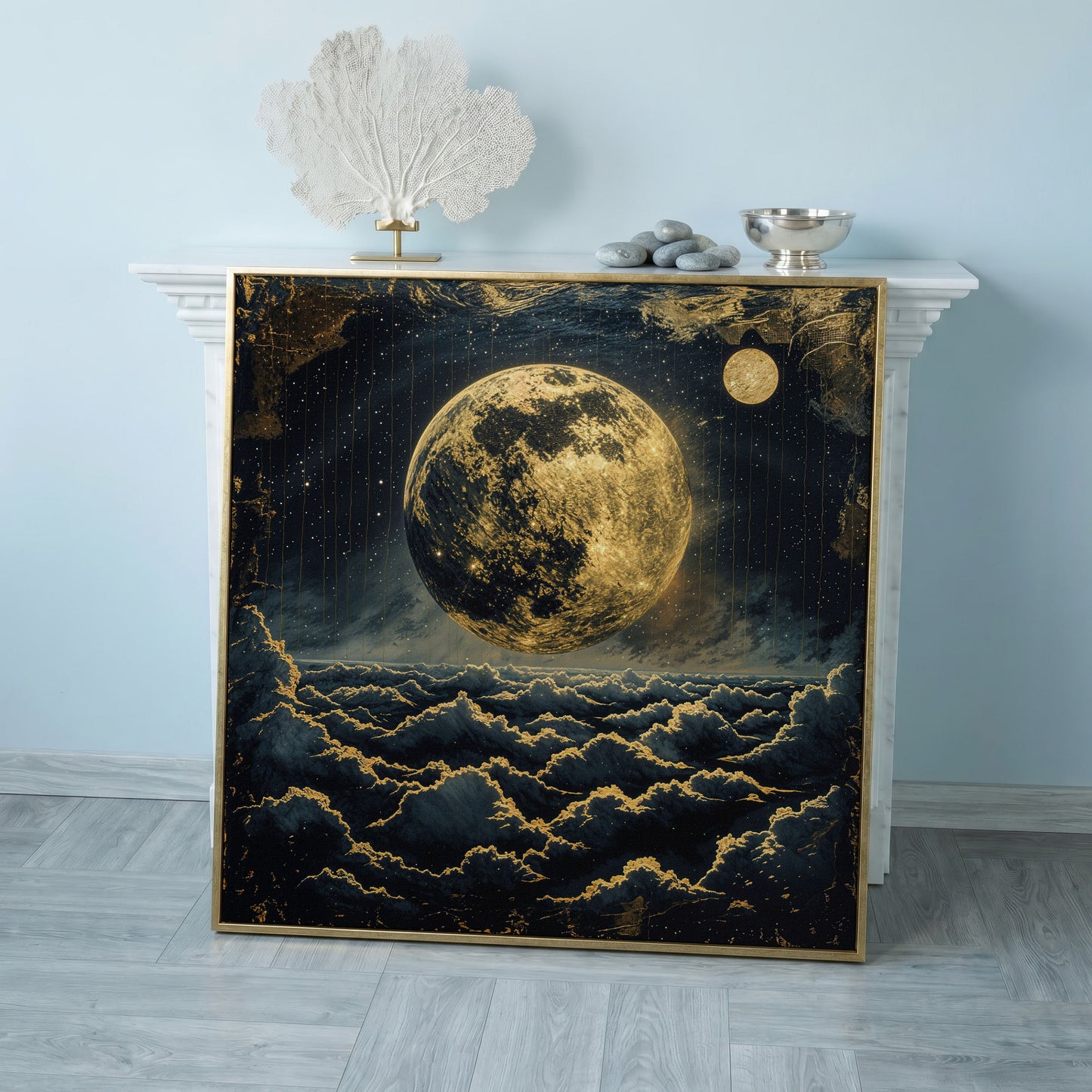 Full Moon Over the Clouds. Surreal Night Sky Canvas Wall Art in rose gold floating frame