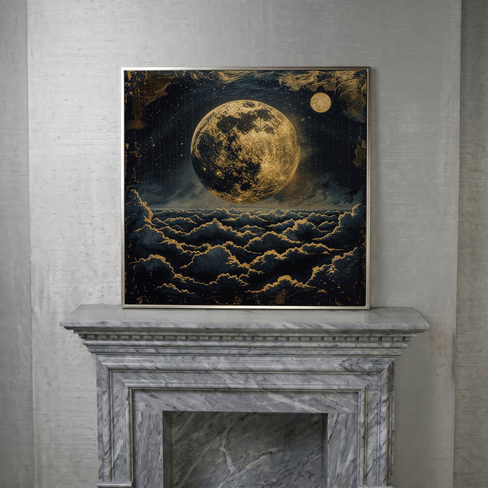 Full Moon Over the Clouds. Surreal Night Sky Canvas Wall Art in silver floating frame