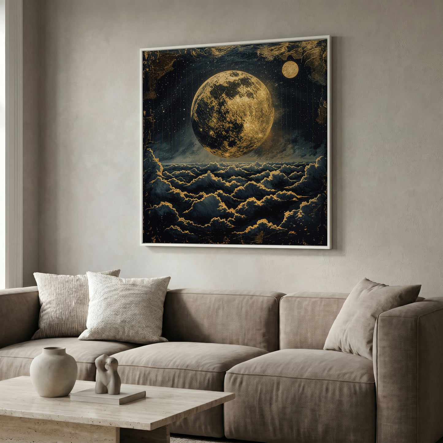 Full Moon Over the Clouds. Surreal Night Sky Canvas Wall Art in white floating frame
