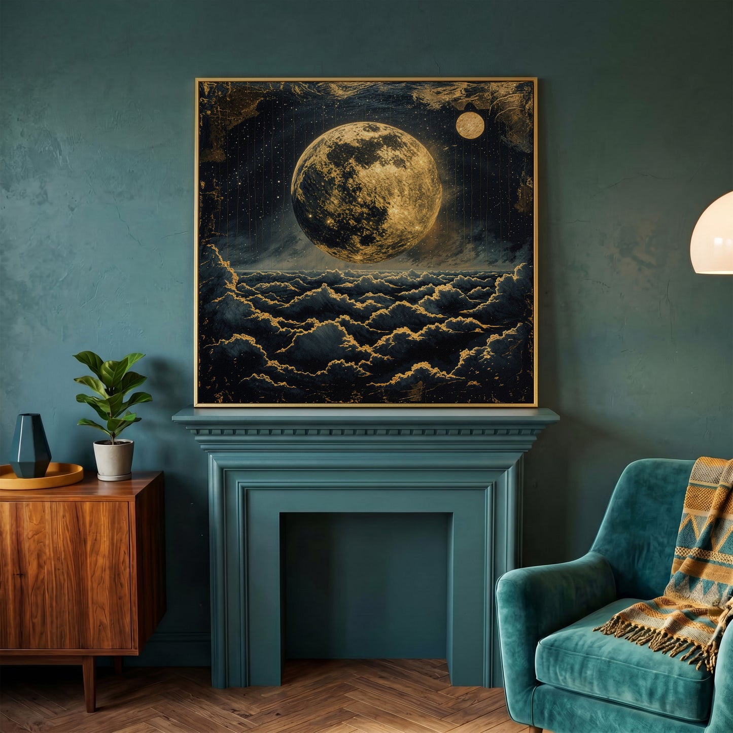Full Moon Over the Clouds. Surreal Night Sky Canvas Wall Art in yellow gold floating frame