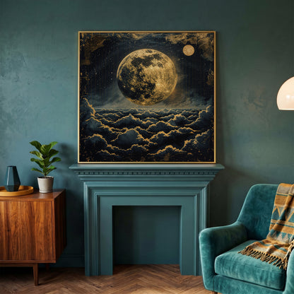 Full Moon Over the Clouds. Surreal Night Sky Canvas Wall Art in yellow gold floating frame