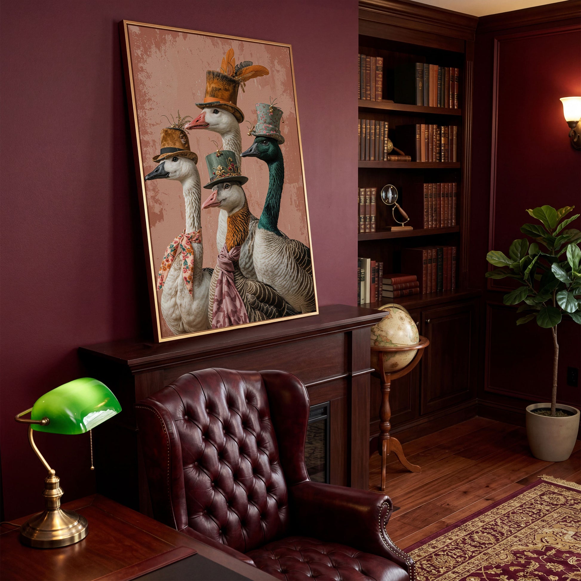 Four Geese in Vintage Hats: Whimsical Animal Portrait Canvas in antique gold floating frame