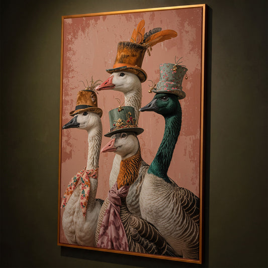 Four Geese in Vintage Hats: Whimsical Animal Portrait Canvas shown in antique gold floating frame