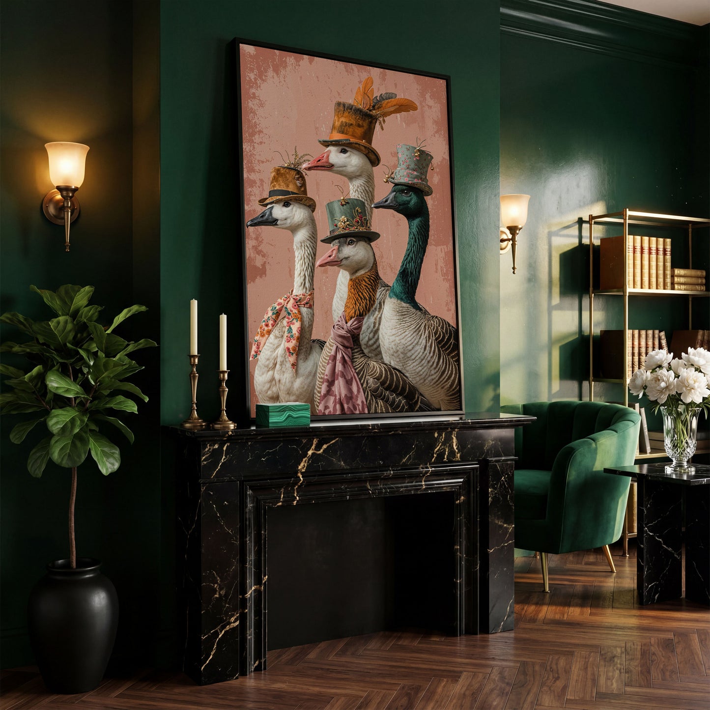 Four Geese in Vintage Hats: Whimsical Animal Portrait Canvas in black floating frame