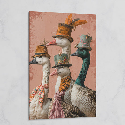 Four Geese in Vintage Hats: Whimsical Animal Portrait Canvas on gallery wrap