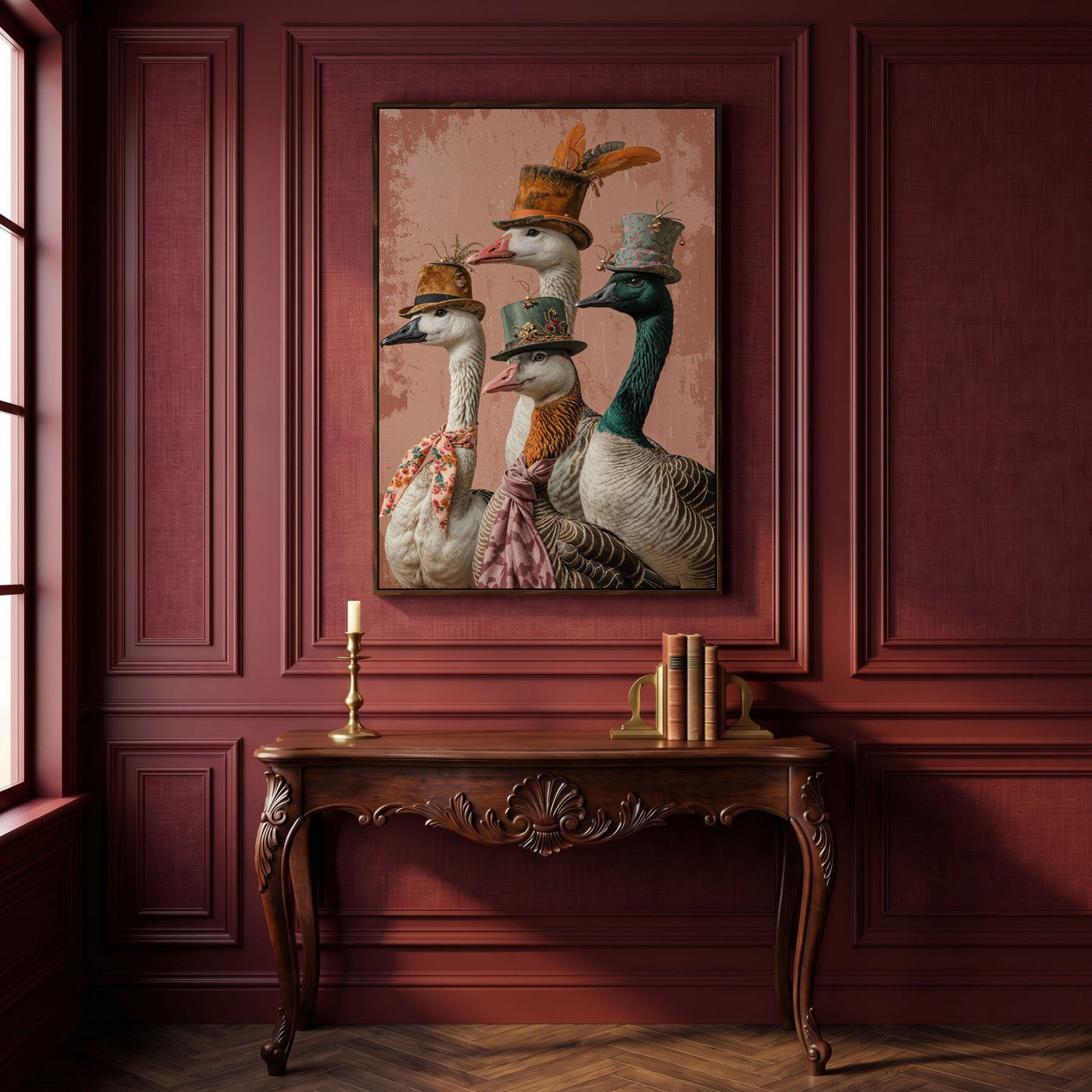 Four Geese in Vintage Hats: Whimsical Animal Portrait Canvas in dark walnut floating frame