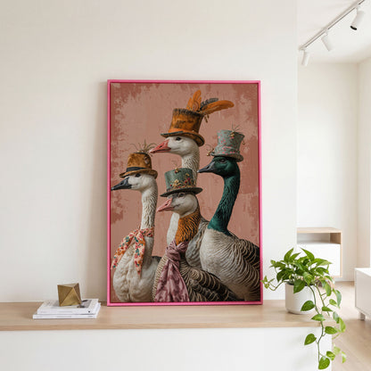 Four Geese in Vintage Hats: Whimsical Animal Portrait Canvas in pink floating frame
