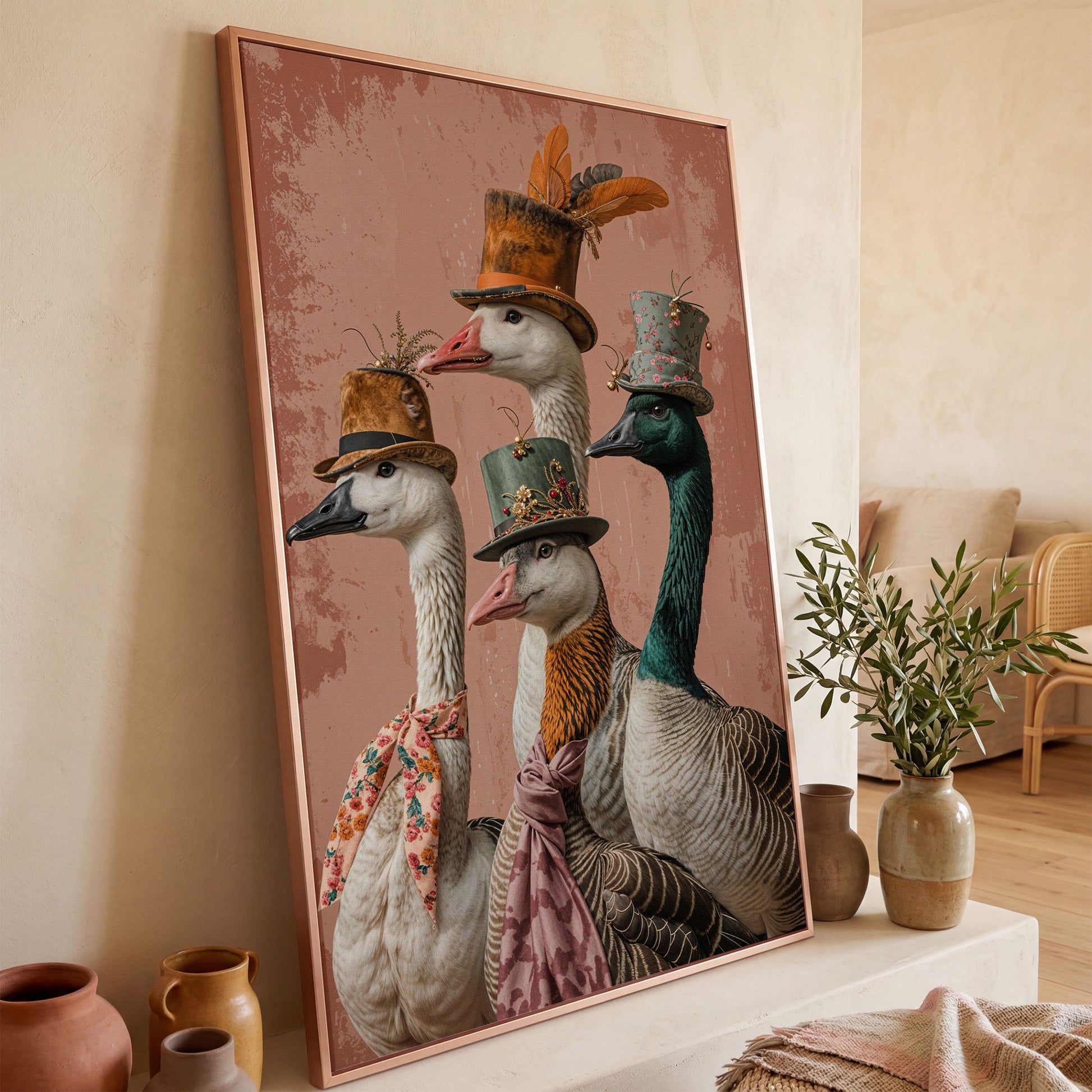 Four Geese in Vintage Hats: Whimsical Animal Portrait Canvas in rose gold floating frame
