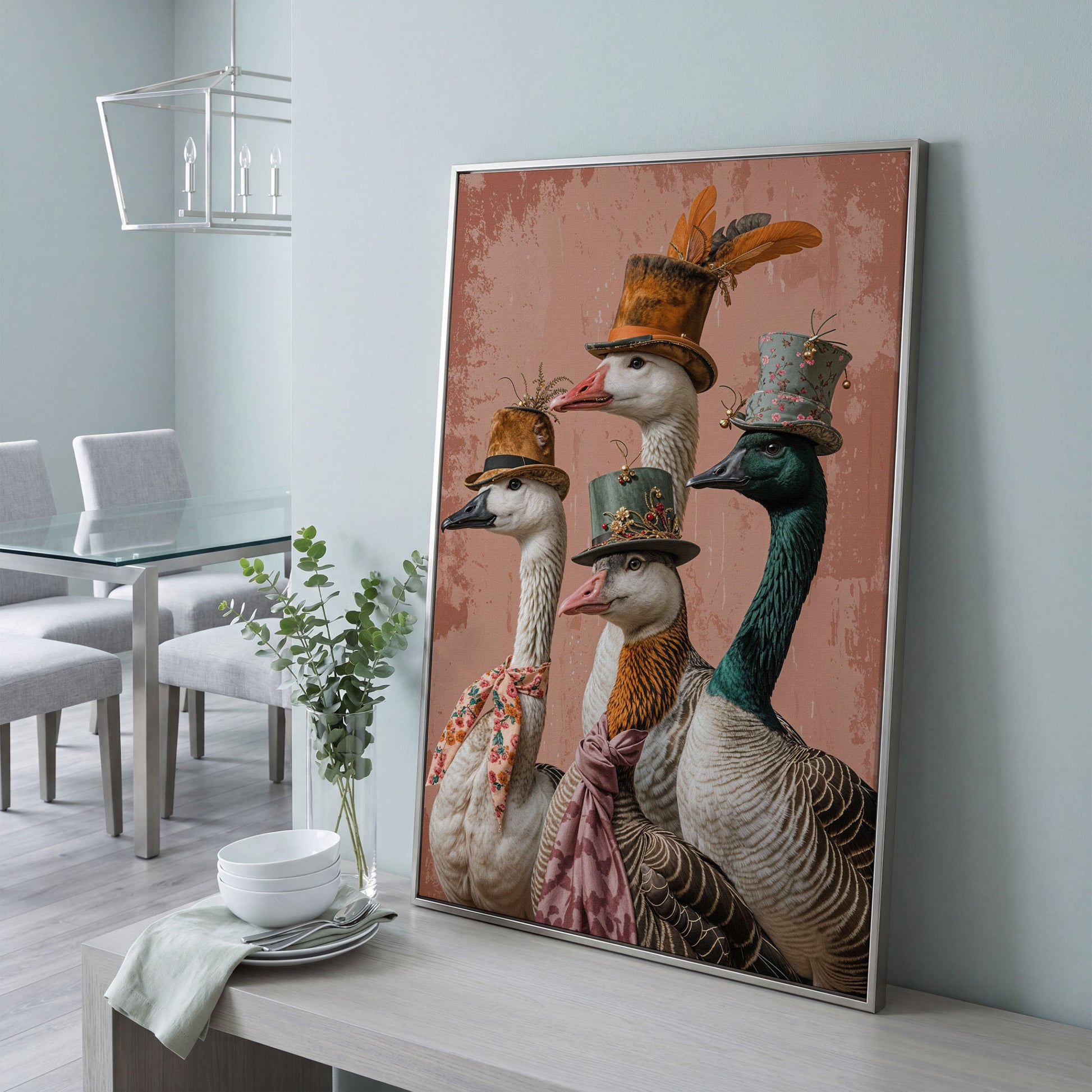 Four Geese in Vintage Hats: Whimsical Animal Portrait Canvas in silver floating frame