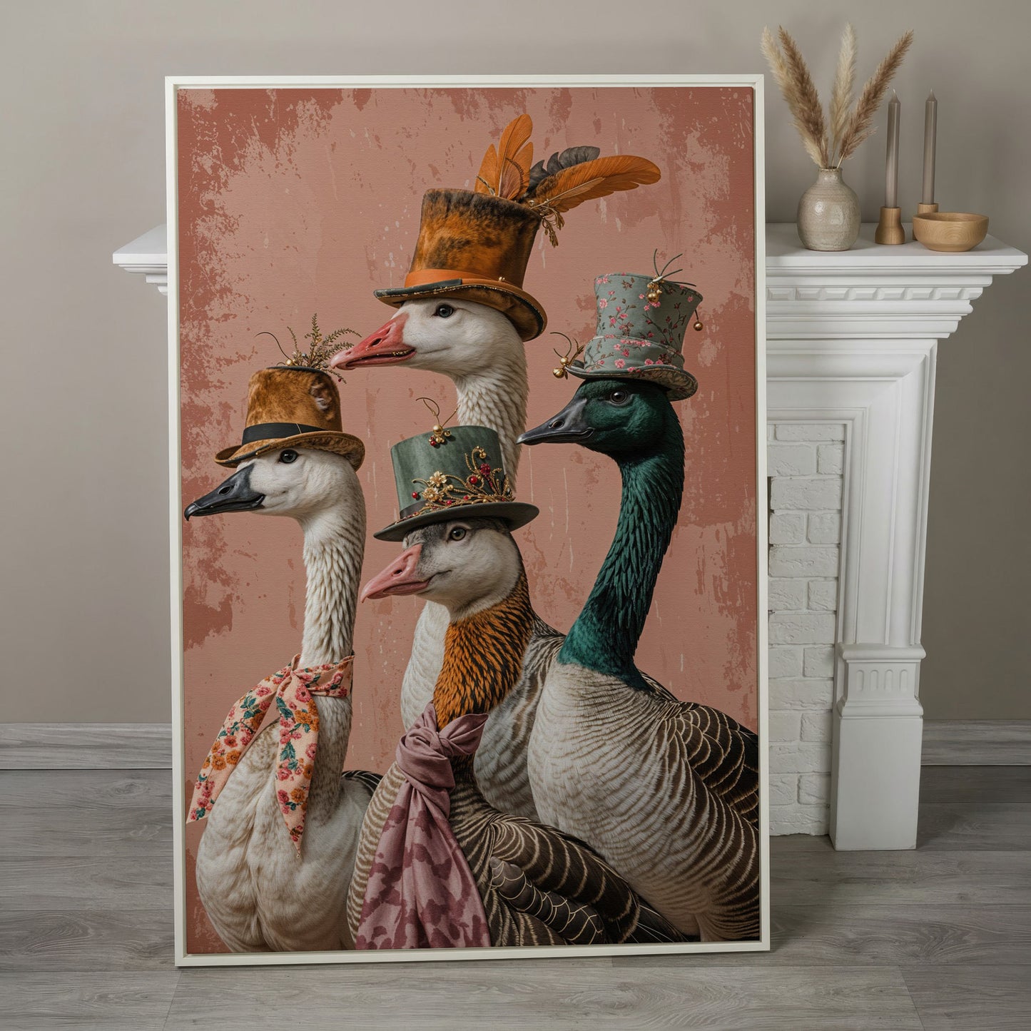 Four Geese in Vintage Hats: Whimsical Animal Portrait Canvas in white floating frame