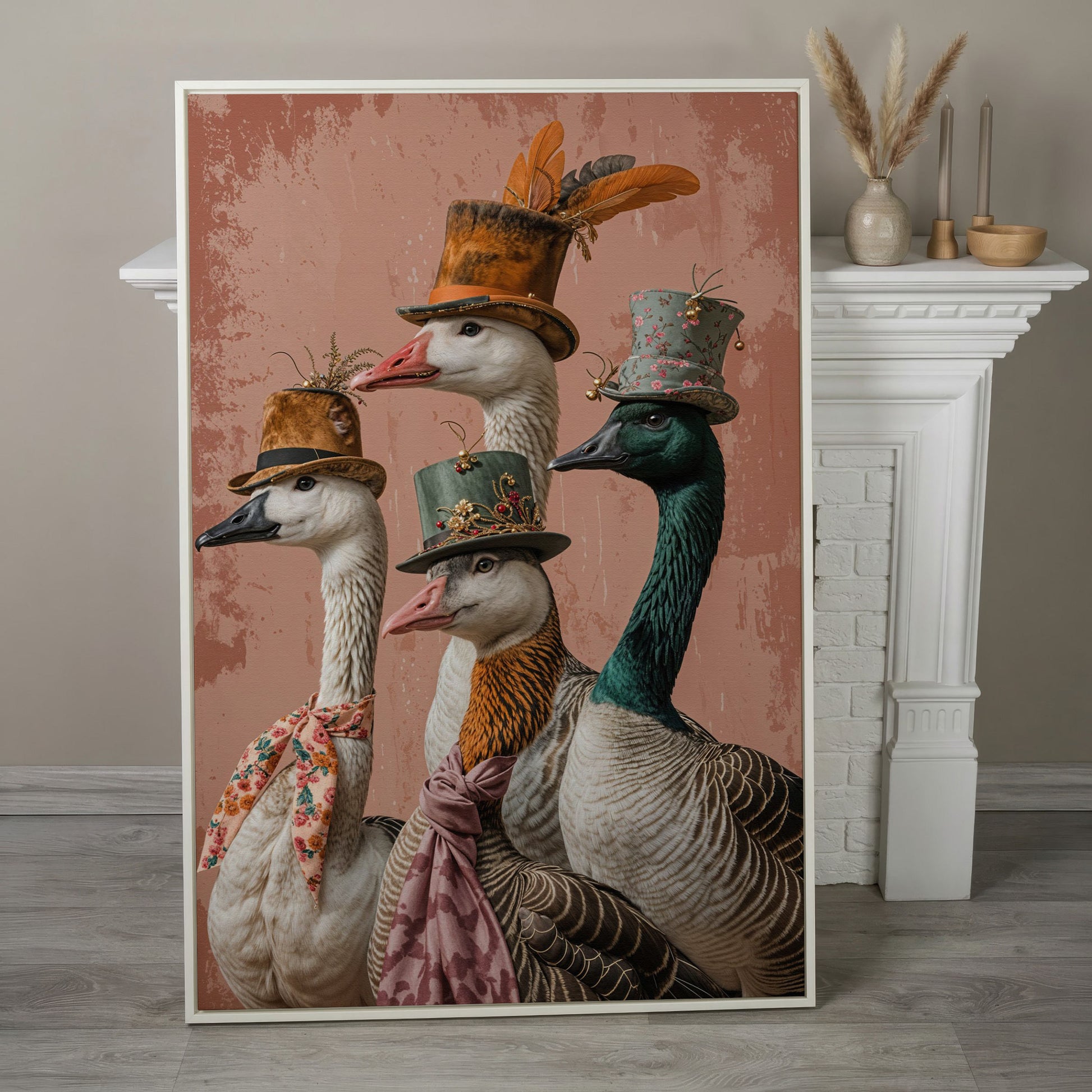Four Geese in Vintage Hats: Whimsical Animal Portrait Canvas in white floating frame