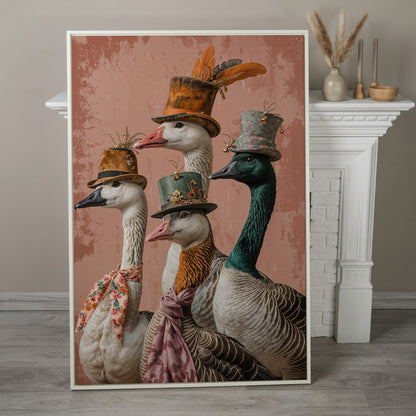 Four Geese in Vintage Hats: Whimsical Animal Portrait Canvas in white floating frame