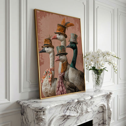 Four Geese in Vintage Hats: Whimsical Animal Portrait Canvas in yellow gold floating frame