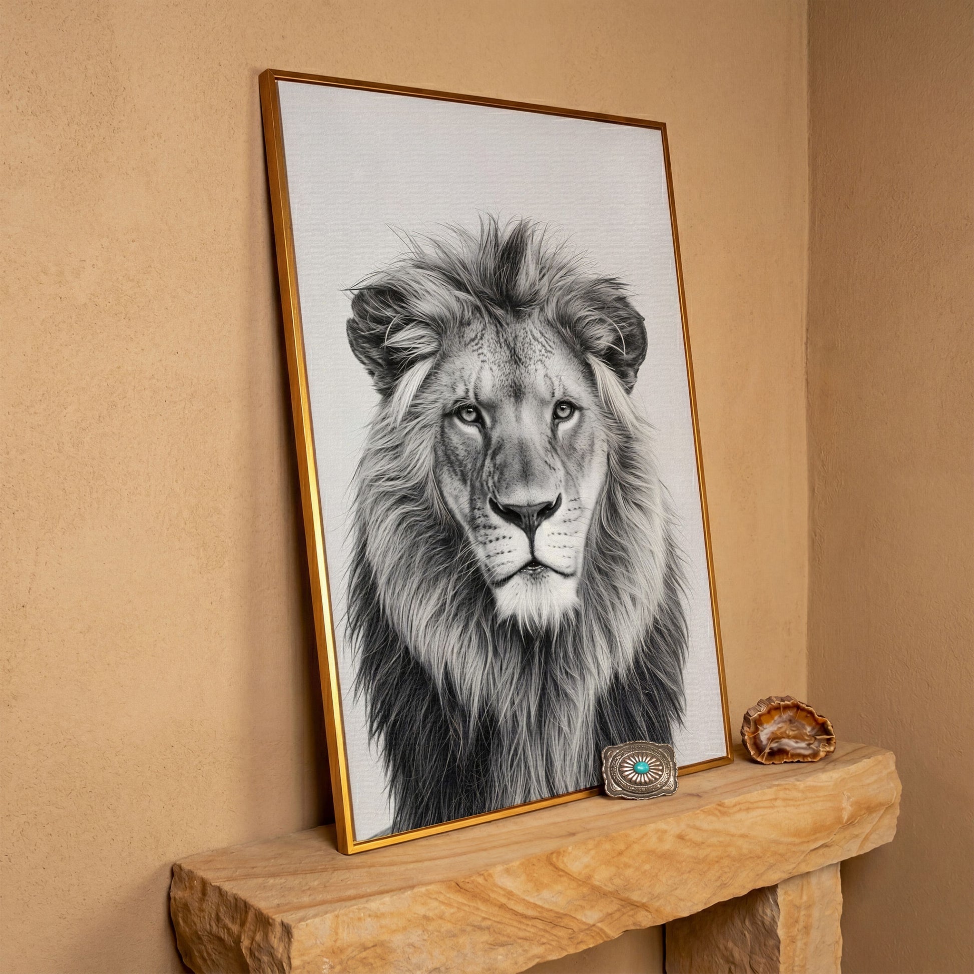 Male Lion Close-Up Portrait Canvas Wall Art in antique gold floating frame