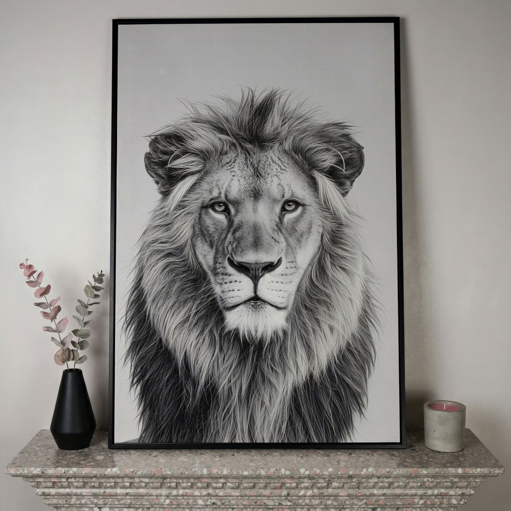 Male Lion Close-Up Portrait Canvas Wall Art in black floating frame