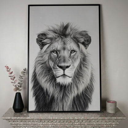 Male Lion Close-Up Portrait Canvas Wall Art in black floating frame