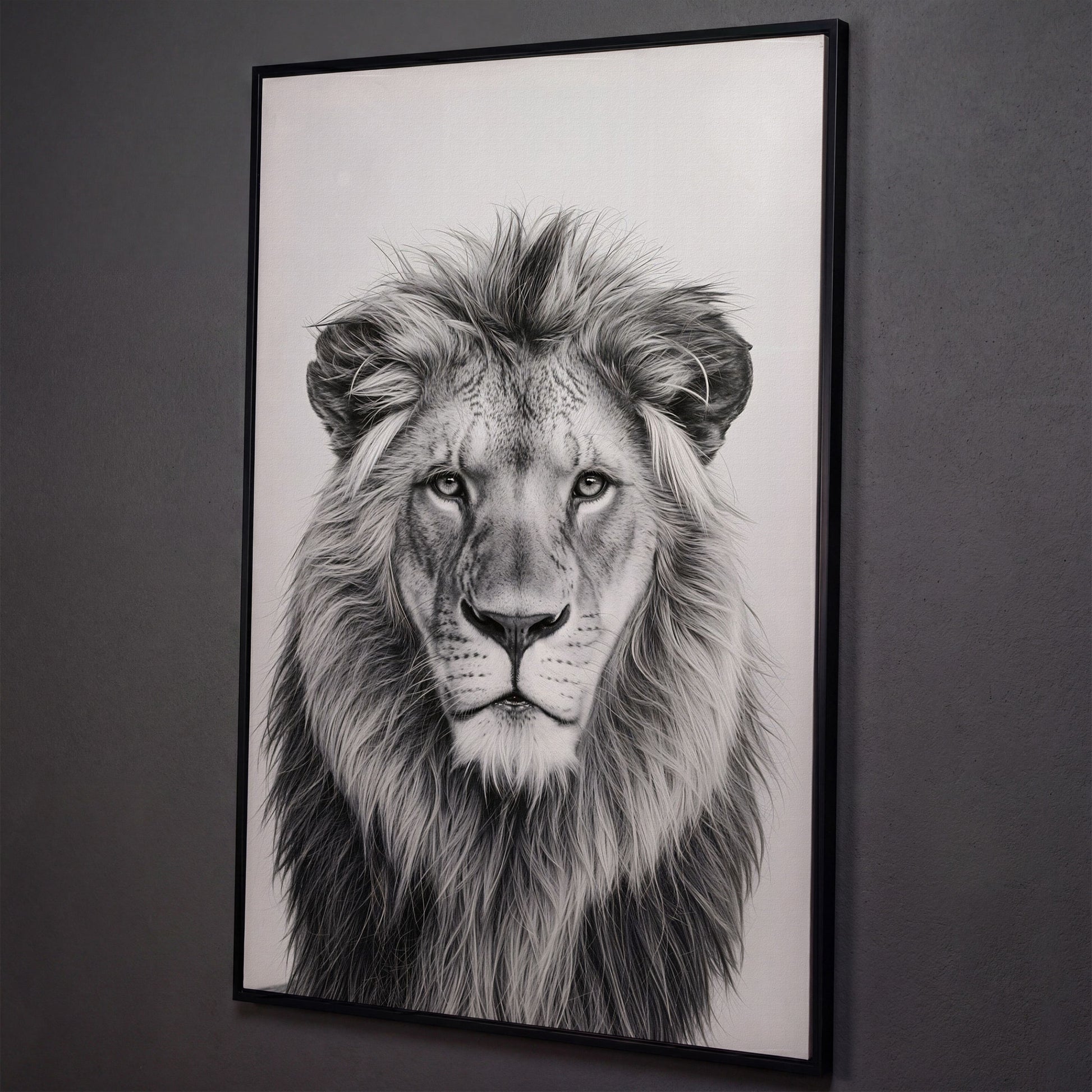 Male Lion Close-Up Portrait Canvas Wall Art shown in black floating frame