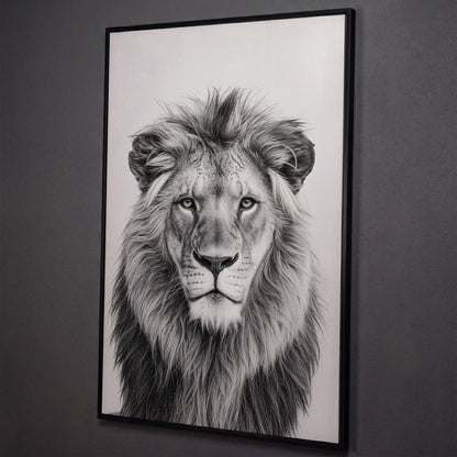 Male Lion Close-Up Portrait Canvas Wall Art shown in black floating frame