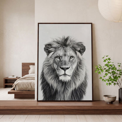 Male Lion Close-Up Portrait Canvas Wall Art in dark walnut floating frame