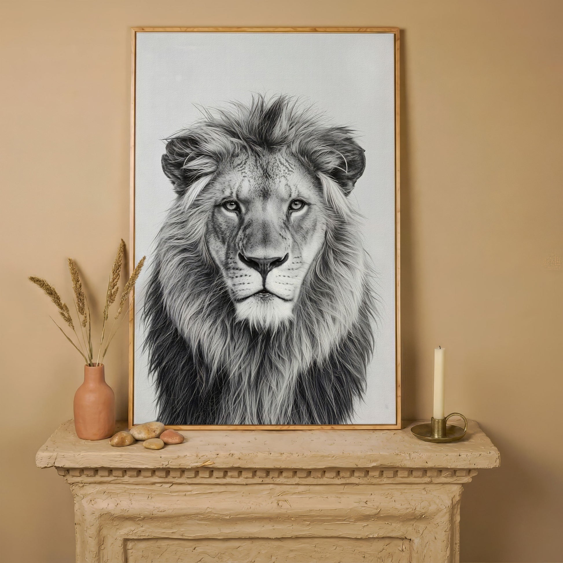 Male Lion Close-Up Portrait Canvas Wall Art in white oak floating frame
