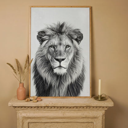 Male Lion Close-Up Portrait Canvas Wall Art in white oak floating frame