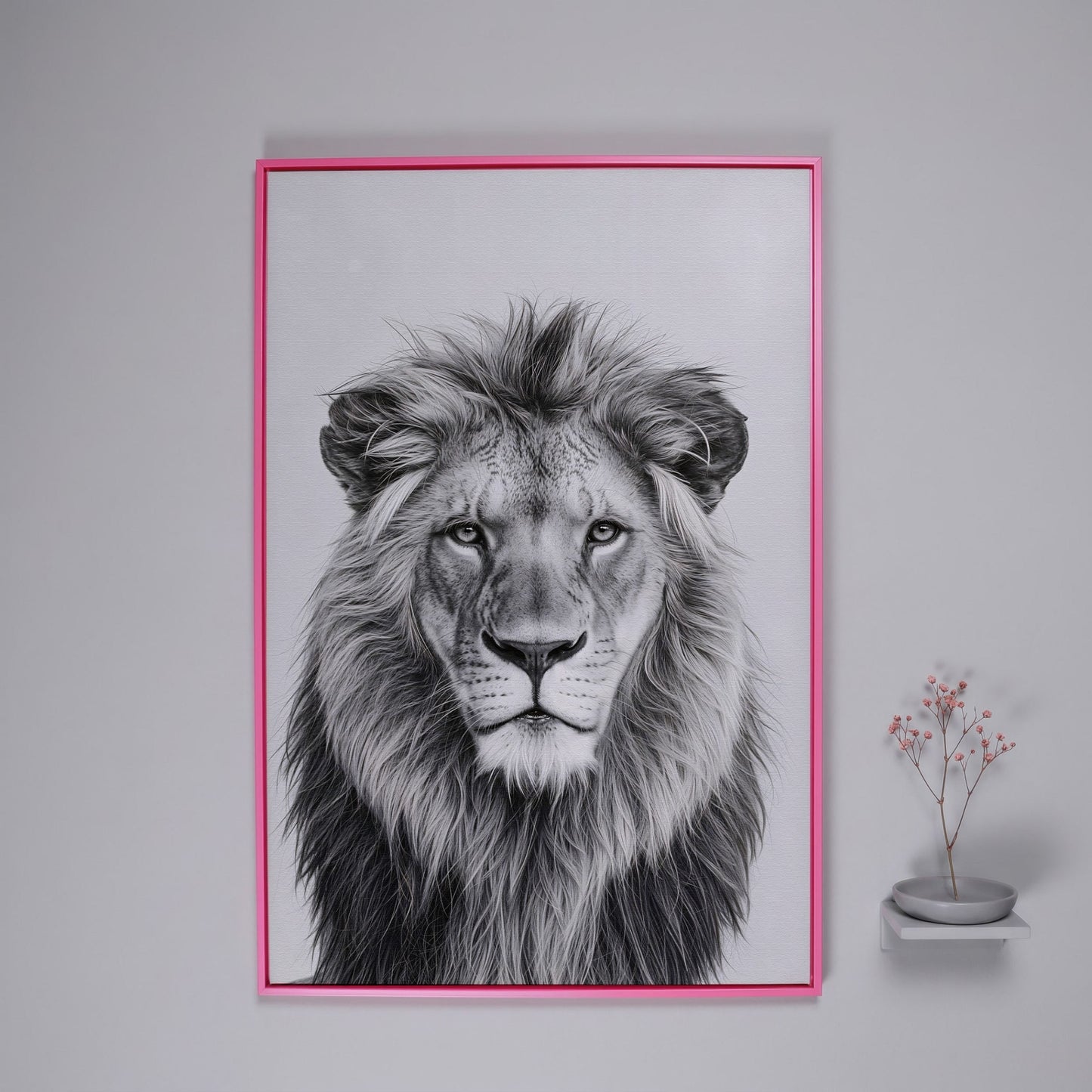 Male Lion Close-Up Portrait Canvas Wall Art in pink floating frame