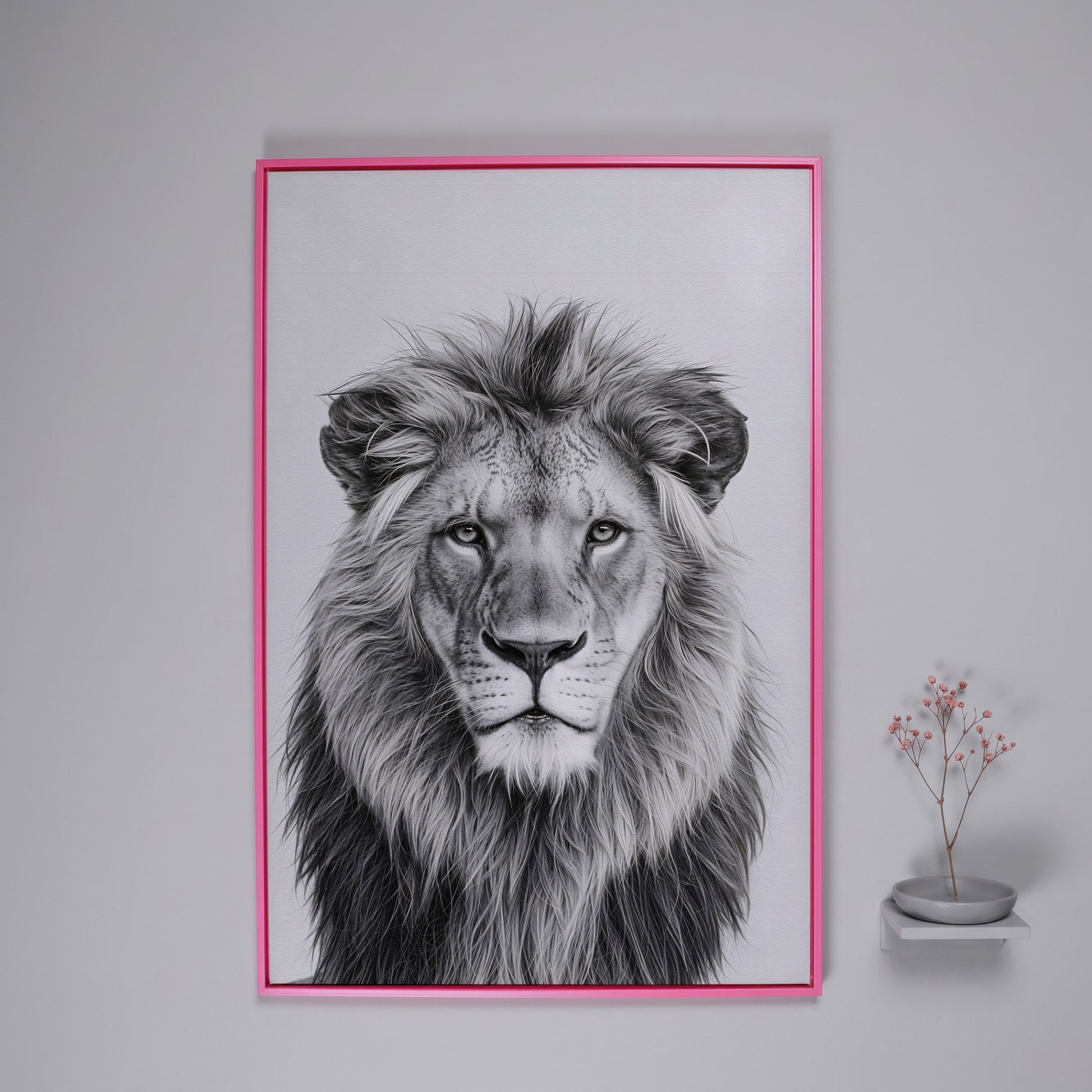 Male Lion Close-Up Portrait Canvas Wall Art in pink floating frame