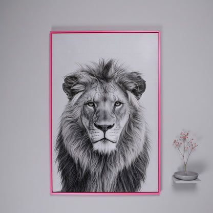 Male Lion Close-Up Portrait Canvas Wall Art in pink floating frame