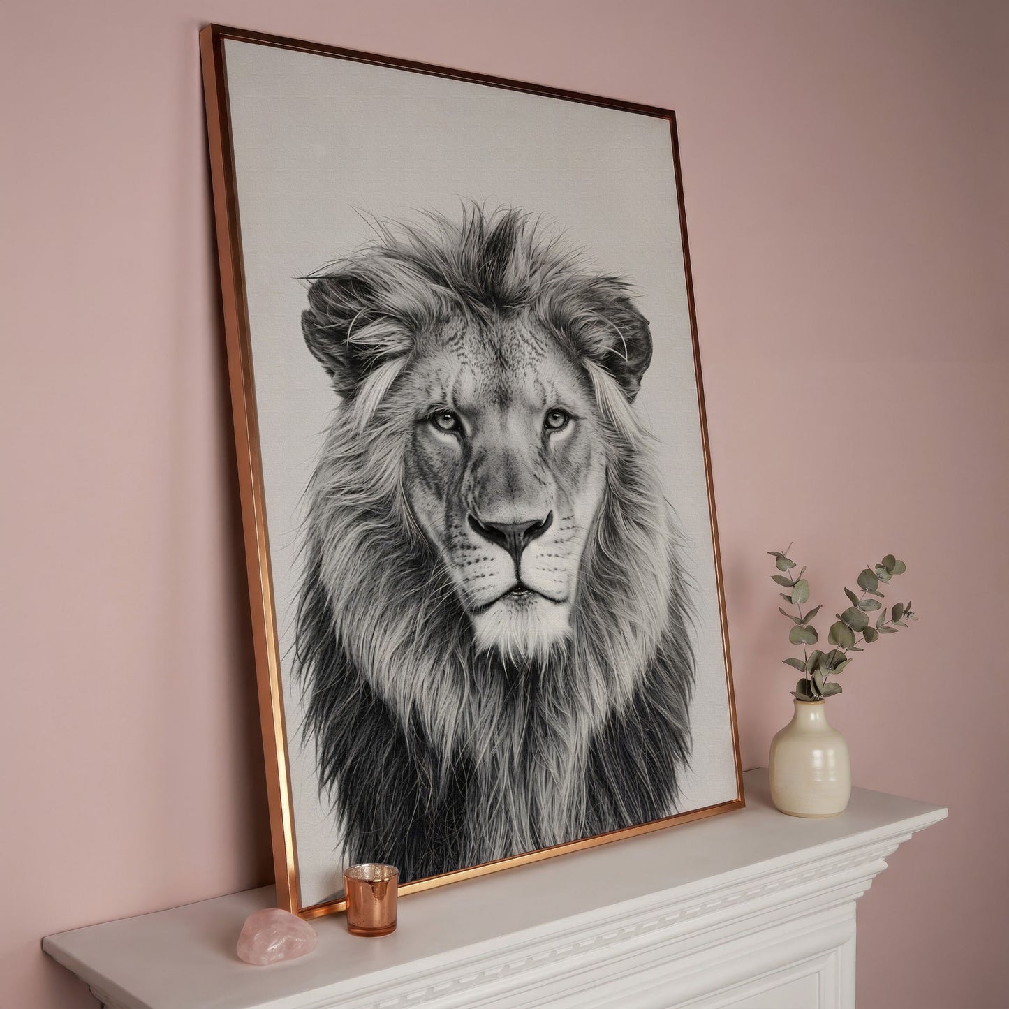 Male Lion Close-Up Portrait Canvas Wall Art in rose gold floating frame