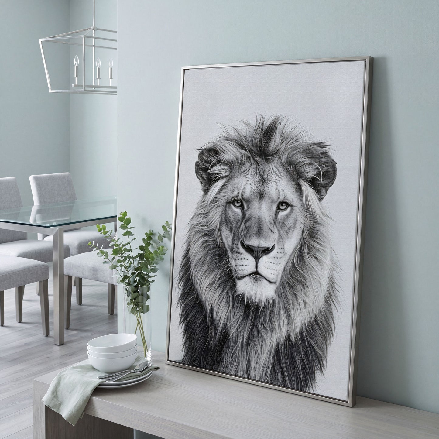 Male Lion Close-Up Portrait Canvas Wall Art in silver floating frame