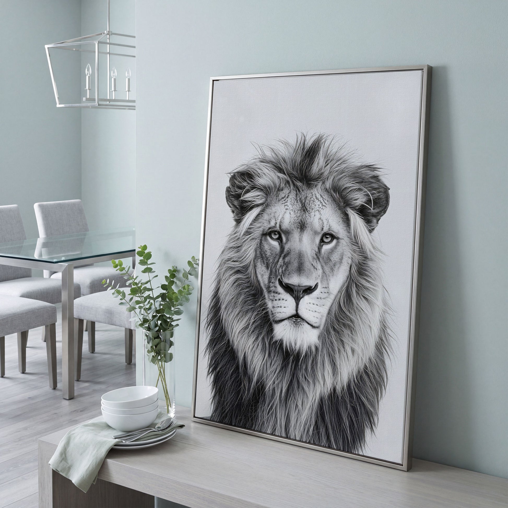 Male Lion Close-Up Portrait Canvas Wall Art in silver floating frame