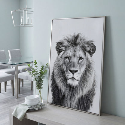 Male Lion Close-Up Portrait Canvas Wall Art in silver floating frame